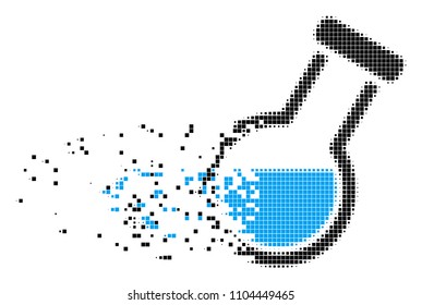 Fractured chemistry tube dotted vector icon with disintegration effect. Square items are organized into damaging chemistry tube shape.