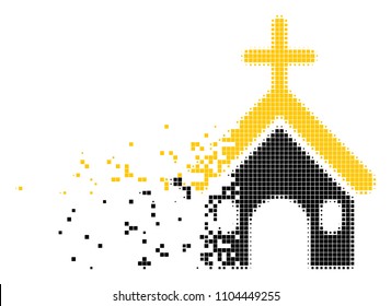 Fractured Christian church dotted vector icon with disintegration effect. Rectangle pieces are composed into damaging Christian church figure.