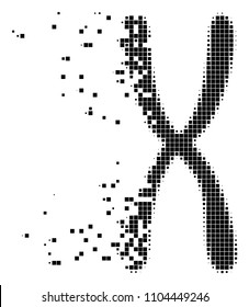 Icono de vector punto cromosómico fracturado con efecto de desintegración. Los elementos del rectángulo se organizan en forma cromosómica dispersa. El efecto de fragmentación de píxeles muestra la velocidad y el movimiento de los elementos del ciberespacio.
