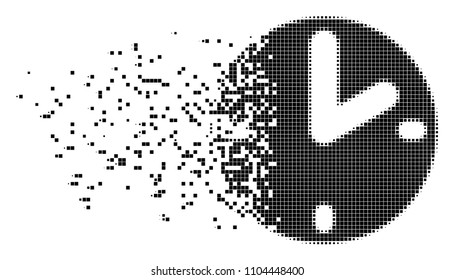 Fractured clock dotted vector icon with disintegration effect. Rectangular dots are grouped into damaging clock figure. Pixel disintegrating effect shows speed and movement of cyberspace abstractions.