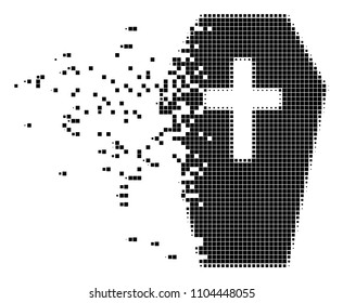 Fractured coffin dotted vector icon with disintegration effect. Rectangular pixels are organized into dispersed coffin form. Pixel dust effect shows speed and motion of cyberspace concepts.