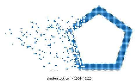 Fractured contour pentagon dotted vector icon with disintegration effect. Square pixels are combined into dispersed contour pentagon shape.