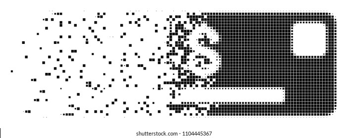 Fractured credit card dot vector icon with disintegration effect. Rectangle fragments are combined into disappearing credit card shape.