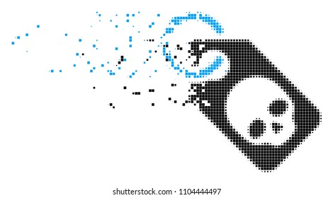 Fractured death skull tag dot vector icon with disintegration effect. Rectangular pixels are composed into dissipated death skull tag form.