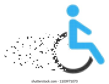 Fractured disabled person dotted vector icon with disintegration effect. Square particles are composed into dissipated disabled person form.