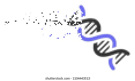 Fractured DNA spiral dotted vector icon with disintegration effect. Rectangular particles are composed into dissipated DNA spiral shape.