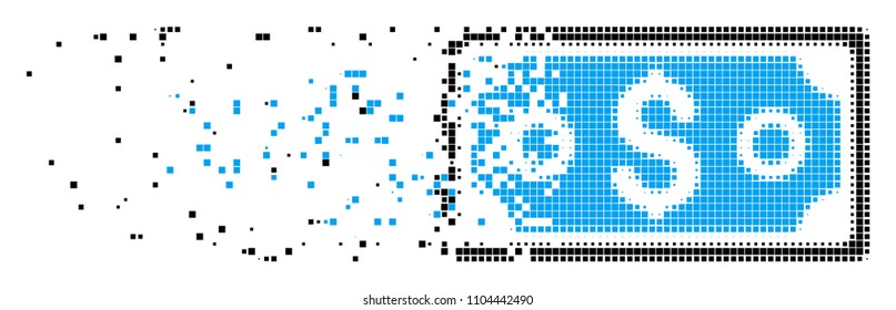 Fractured dollar banknote dotted vector icon with disintegration effect. Rectangular cells are arranged into disappearing dollar banknote figure.