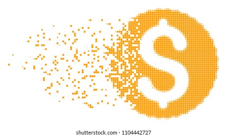 Fractured dollar coin dotted vector icon with disintegration effect. Rectangle cells are composed into damaging dollar coin shape.
