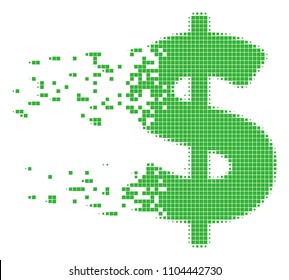 Fractured dollar dotted vector icon with disintegration effect. Rectangle items are grouped into damaging dollar form. Pixel disintegrating effect shows speed and movement of cyberspace concepts.