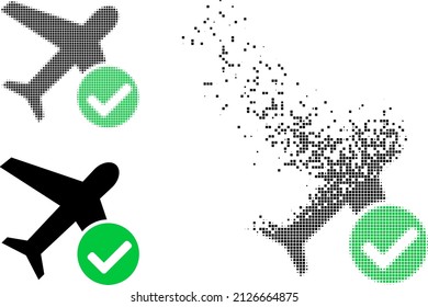 Fractured dot accept airplane vector icon with destruction effect, and original vector image. Pixel dissolving effect for accept airplane demonstrates speed and motion of cyberspace things.