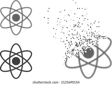 Fractured dot atom vector icon with destruction effect, and original vector image. Pixel dissipating effect for atom demonstrates speed and movement of cyberspace concepts.