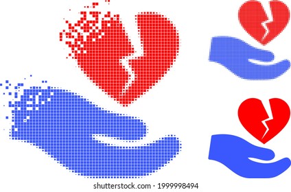 Fractured dot broken heart offer hand pictogram with halftone version. Vector wind effect for broken heart offer hand pictogram.