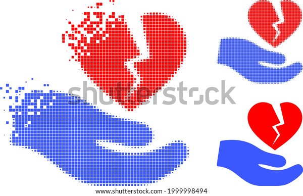 Fractured dot broken heart offer hand\
pictogram with halftone version. Vector wind effect for broken\
heart offer hand\
pictogram.