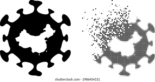 Fractured dot Chinese flu virus vector icon with wind effect, and original vector image. Pixel disintegrating effect for Chinese flu virus shows speed and motion of cyberspace matter.