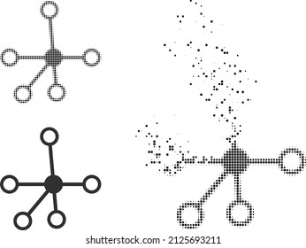 Fractured dot connections vector icon with destruction effect, and original vector image. Pixel destruction effect for connections demonstrates speed and movement of cyberspace objects.