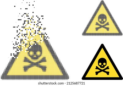 Fractured dot death warning vector icon with destruction effect, and original vector image. Pixel destruction effect for death warning shows speed and movement of cyberspace matter.