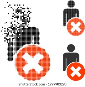 Icono de eliminación de puntos fracturados con versión de semitono. Efecto de viento vectorial para borrar el icono de comando man. El efecto de destrucción de píxeles para el hombre borrado demuestra el movimiento de abstracciones del ciberespacio.