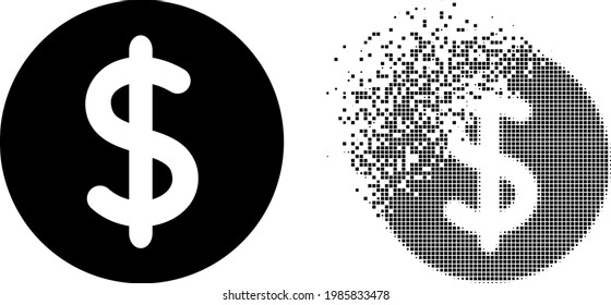 Icono de vector de precio de punto fracturado con efecto de destrucción e imagen vectorial original. El efecto de destrucción de píxeles por el precio del dólar muestra velocidad y movimiento de la materia del ciberespacio.