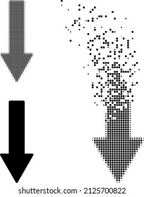 Fractured dot down arrow vector icon with wind effect, and original vector image. Pixel abrasion effect for down arrow demonstrates speed and movement of cyberspace things.