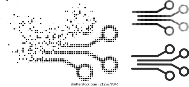 Fractured dot electrical connectors vector icon with destruction effect, and original vector image. Pixel disintegrating effect for electrical connectors shows speed and motion of cyberspace objects.