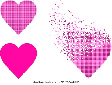 Icono de vector de corazón fracturado con efecto de destrucción e imagen vectorial original. El efecto de desmaterialización de píxeles para el corazón muestra velocidad y movimiento de conceptos del ciberespacio.