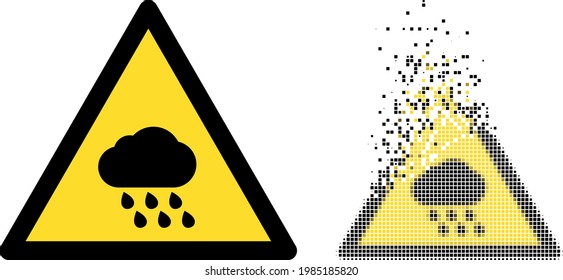 Fractured dot rain warning vector icon with destruction effect, and original vector image. Pixel disappearing effect for rain warning demonstrates speed and motion of cyberspace abstractions.
