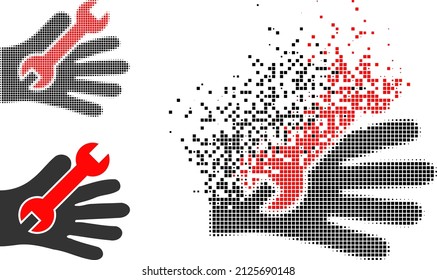 Fractured dot repair service hand vector icon with destruction effect, and original vector image. Pixel explosion effect for repair service hand demonstrates speed and motion of cyberspace items.