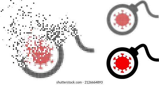 Icono vector de bomba de virus punto fracturado con efecto de viento e imagen vectorial original. El efecto disipador de píxeles para la bomba de virus demuestra la velocidad y el movimiento de los conceptos del ciberespacio.