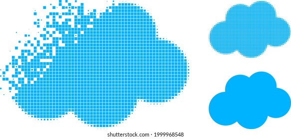 Pictograma de nubes punteadas fracturado con versión de semitono. Efecto de destrucción de vectores para el icono de nube. El efecto de destrucción de píxeles para la nube demuestra el movimiento de cosas virtuales.