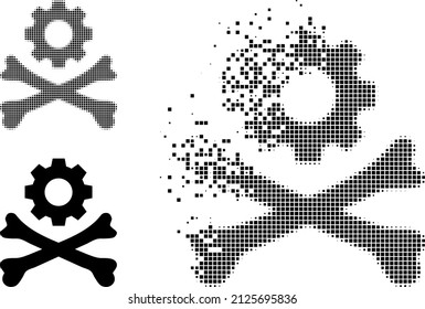 Fractured dotted death mechanics vector icon with destruction effect, and original vector image. Pixel dissolving effect for death mechanics demonstrates speed and motion of cyberspace abstractions.