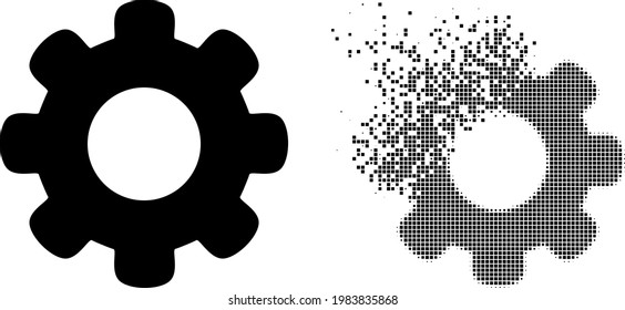 Icono vectorial de la rueda de engranajes punteados fracturado con efecto de viento e imagen vectorial original. El efecto de ráfaga de píxeles para la rueda de engranajes demuestra la velocidad y el movimiento de los conceptos del ciberespacio.