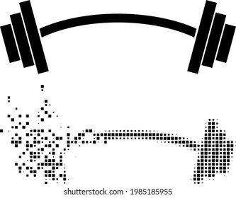 Fractured dotted heavy barbell vector icon with destruction effect, and original vector image. Pixel defragmentation effect for heavy barbell demonstrates speed and movement of cyberspace matter.