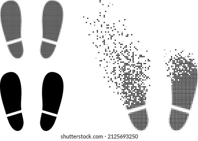 Fractured dotted human footprints vector icon with wind effect, and original vector image. Pixel disintegration effect for human footprints shows speed and motion of cyberspace concepts.