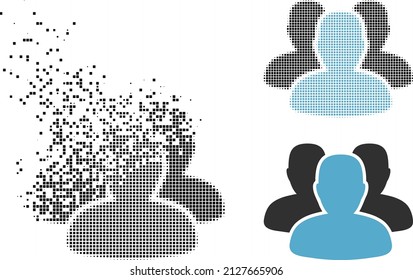 Fractured dotted people vector icon with wind effect, and original vector image. Pixel disappearing effect for people shows speed and motion of cyberspace concepts.