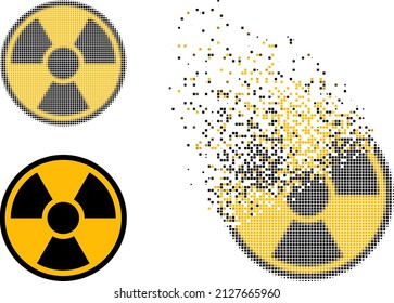 Fracturing gepunktete radioaktive Vektorsymbol mit Zerstörungseffekt und Originalvektorbild. Der Effekt der Pixelzerstörung bei radioaktiven Elementen zeigt Geschwindigkeit und Bewegung von Cyberspace-Abstraktionen.