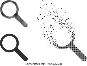 Fractured dotted search vector icon with destruction effect, and original vector image. Pixel abrasion effect for search demonstrates speed and movement of cyberspace matter.