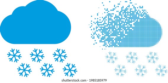 Fractured dotted snow cloud vector icon with destruction effect, and original vector image. Pixel destruction effect for snow cloud shows speed and motion of cyberspace things.