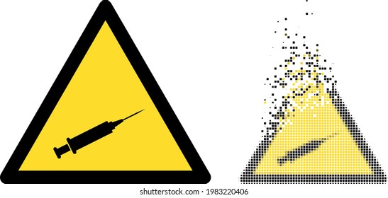 Fractured dotted syringe warning vector icon with wind effect, and original vector image. Pixel disintegration effect for syringe warning demonstrates speed and movement of cyberspace matter.