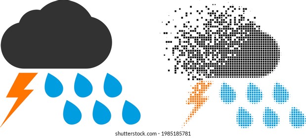Fractured dotted thunderstorm weather vector icon with destruction effect, and original vector image.