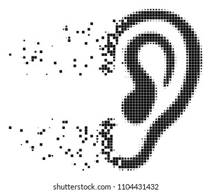 Fractured ear dotted vector icon with disintegration effect. Square dots are organized into damaging ear shape. Pixel burst effect demonstrates speed and motion of cyberspace objects.