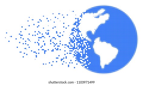 Fractured Earth dotted vector icon with disintegration effect. Rectangle pixels are arranged into disappearing Earth figure.