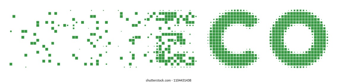 Fractured eco text dot vector icon with disintegration effect. Rectangle points are grouped into disappearing eco text form.