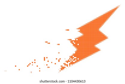 Fractured electric spark dot vector icon with disintegration effect. Square elements are combined into disappearing electric spark shape.