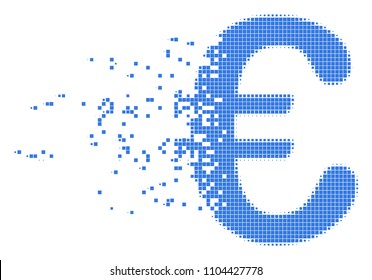 Fractured Euro symbol dot vector icon with disintegration effect. Rectangular particles are organized into dissipated Euro symbol form.