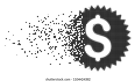 Fractured financial seal dot vector icon with disintegration effect. Rectangle elements are grouped into dissipated financial seal shape.