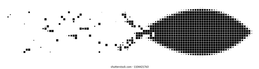 Fractured fish dot vector icon with disintegration effect. Square pixels are arranged into dissipated fish shape. Pixel dissipation effect shows speed and motion of cyberspace abstractions.