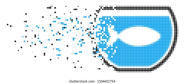 Fractured fish tank dotted vector icon with disintegration effect. Square cells are composed into damaging fish tank shape.