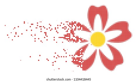 Fractured flower dot vector icon with disintegration effect. Rectangle pixels are composed into dispersed flower form. Pixel dissolution effect shows speed and motion of cyberspace things.