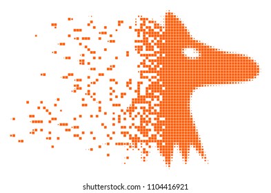 Fractured fox head dotted vector icon with disintegration effect. Rectangular dots are combined into dispersed fox head form. Pixel dissolving effect shows speed and motion of cyberspace matter.