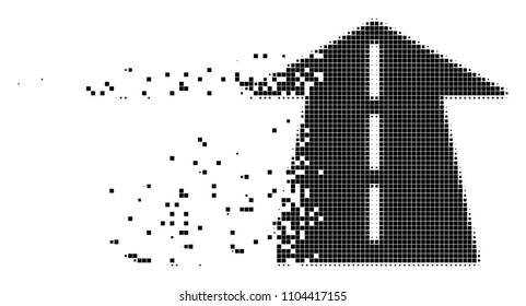 Fractured future road dotted vector icon with disintegration effect. Rectangle elements are arranged into dispersed future road form. Pixel dust effect shows speed and motion of cyberspace concepts.